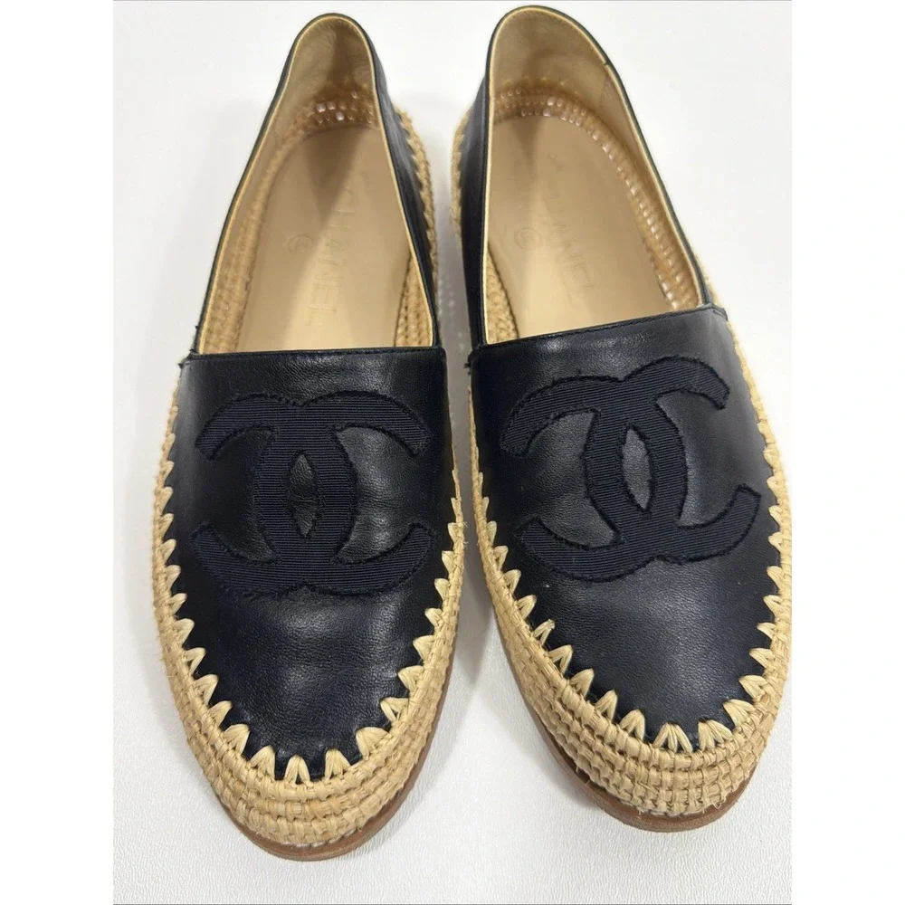 Chanel Black Leather CC Raffia Espadrille Flats Size EU 36 US 6